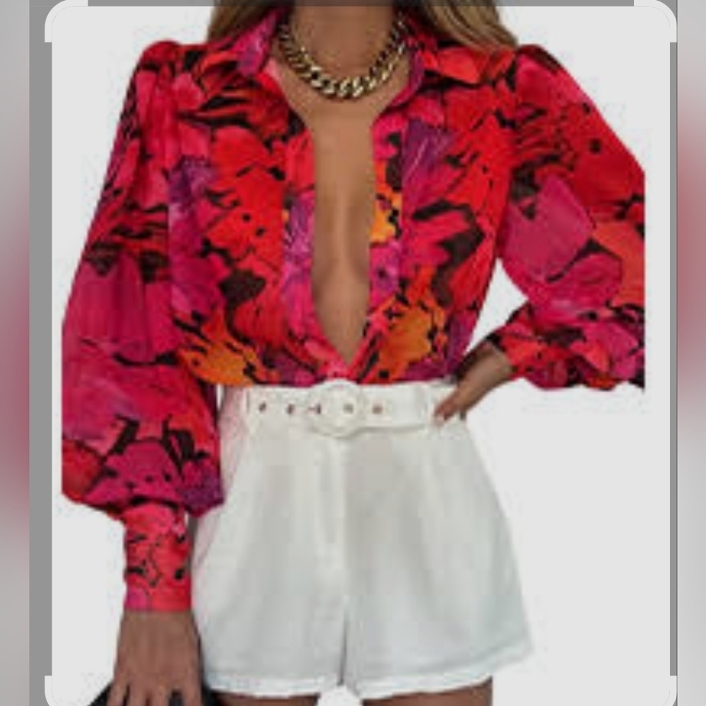Red and Pink Puff Sleeve Blouse with Notched Collar